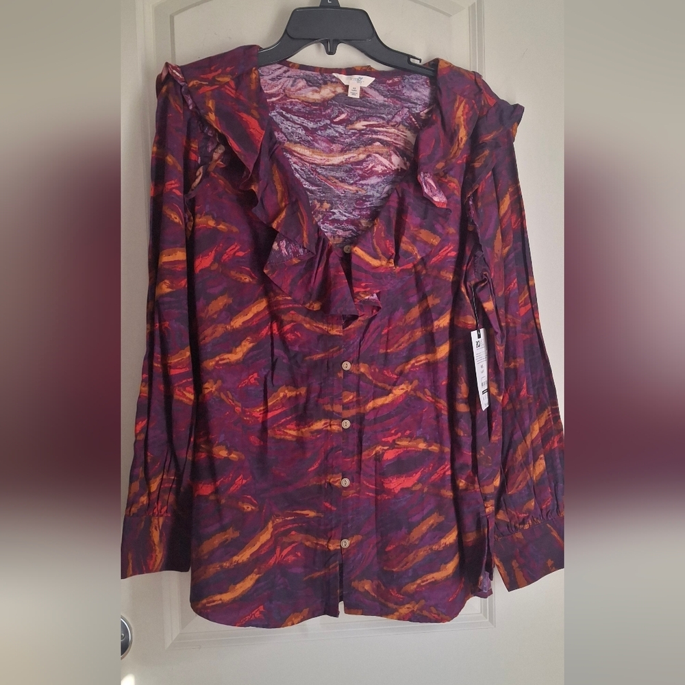 Terra & SKY Vibrant Multicolor Ruffle Blouse 14W VICTORIAN COASTAL REGENCY BOHO